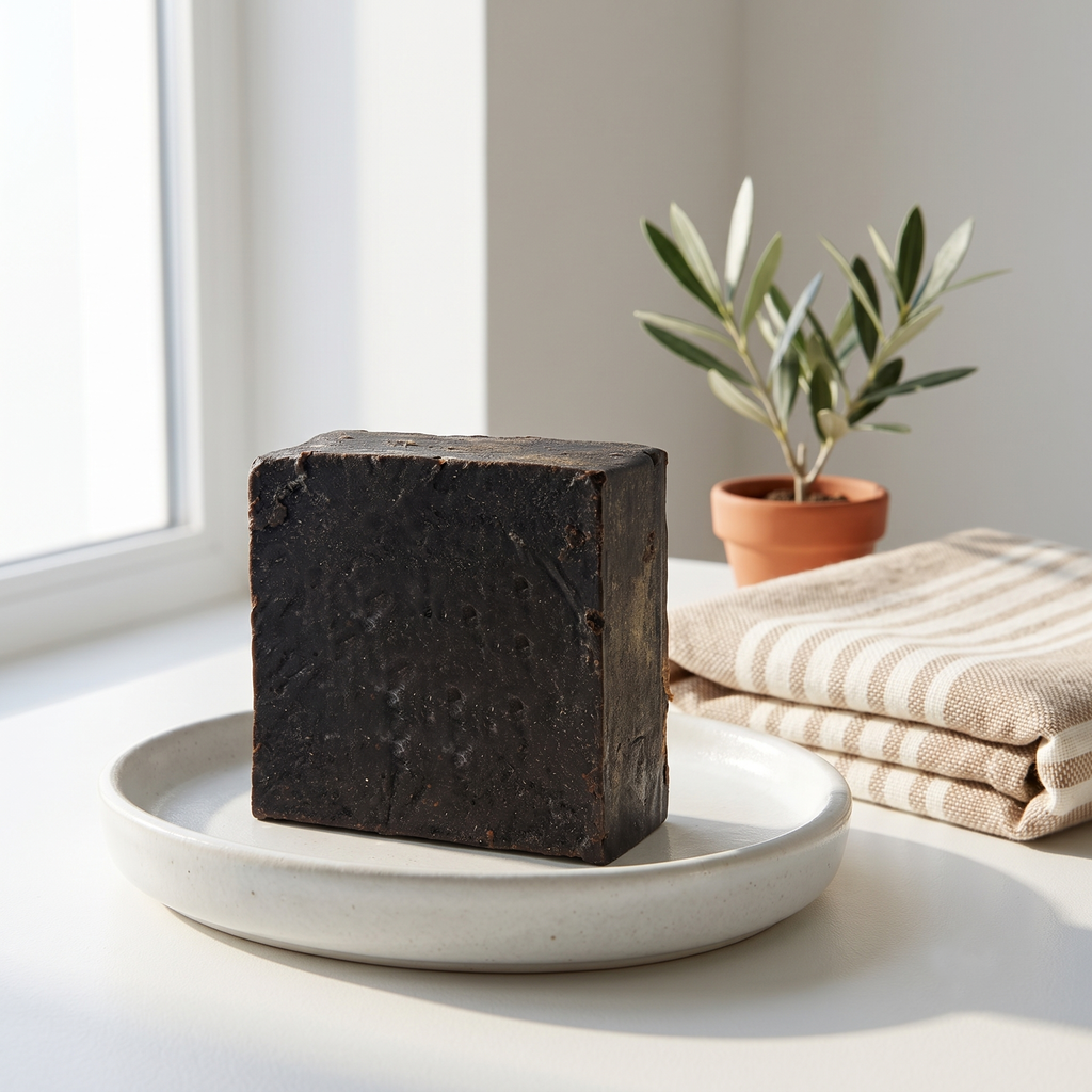 Avlia Pine, Juniper Tar & Sulfur Soap Bar on a ceramic dish with peshtemal towel on a minimal vanity — daily natural face and body bar