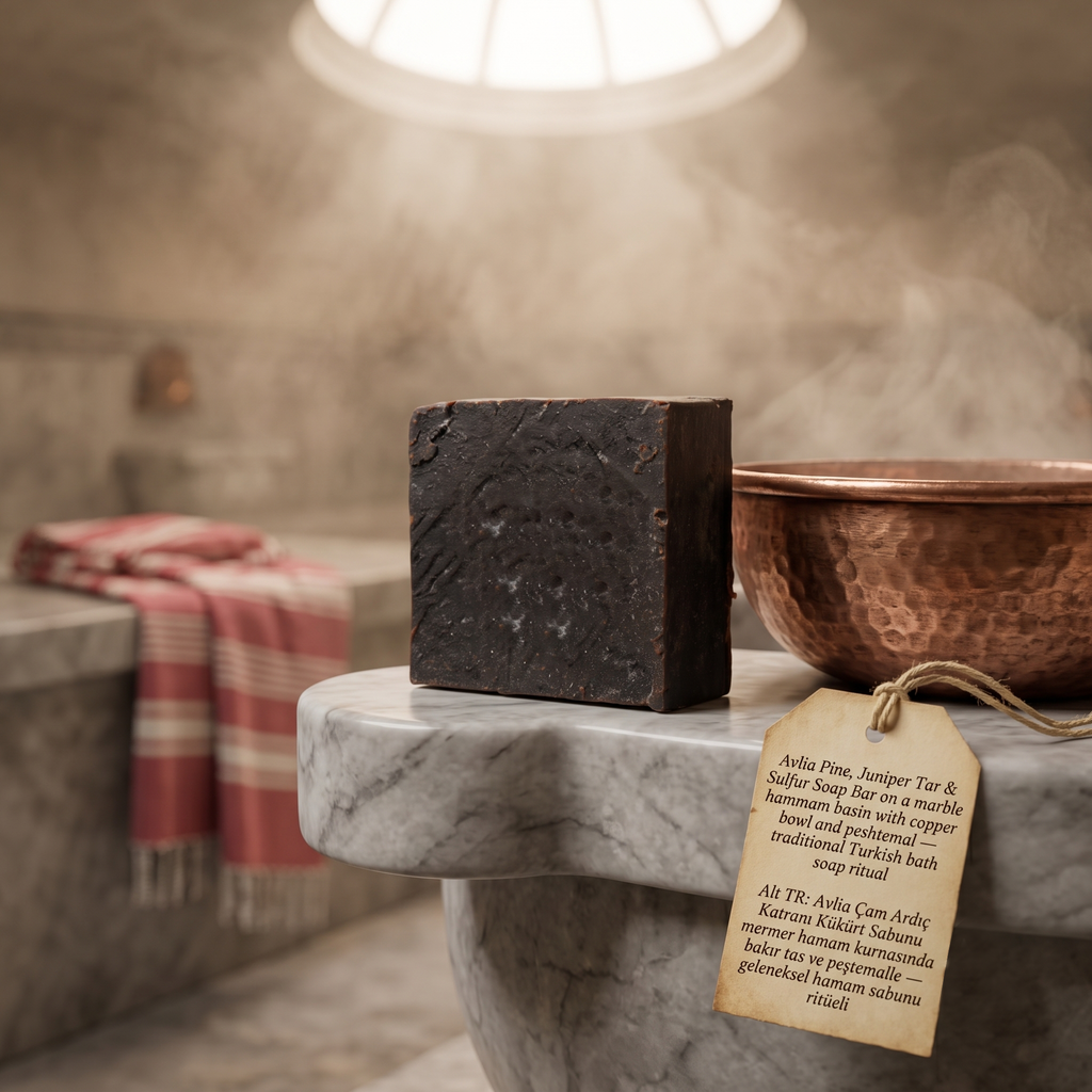 Avlia Pine, Juniper Tar & Sulfur Soap Bar on a marble hammam basin with copper bowl and peshtemal — traditional Turkish bath soap ritual