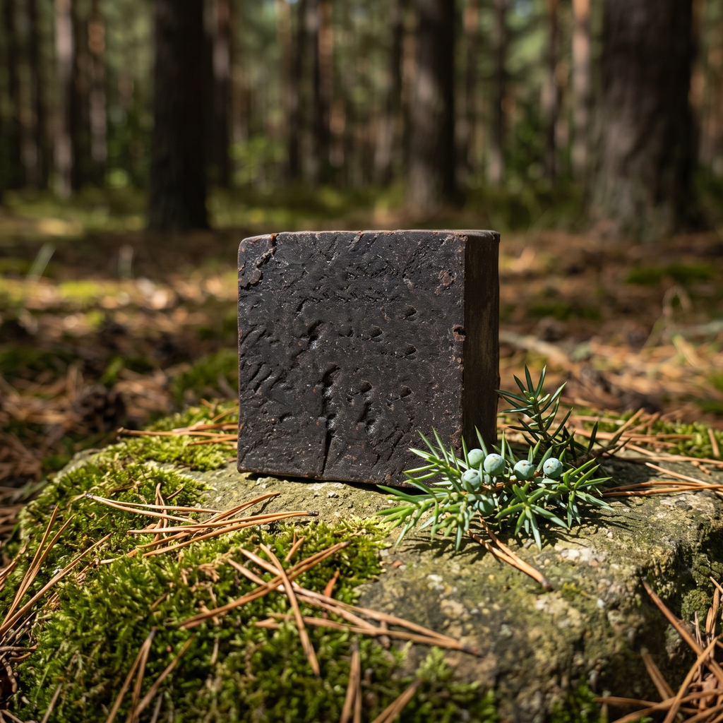 Avlia Pine, Juniper Tar & Sulfur Soap Bar on a mossy stone in a pine forest — nature-inspired handmade soap with juniper tar
