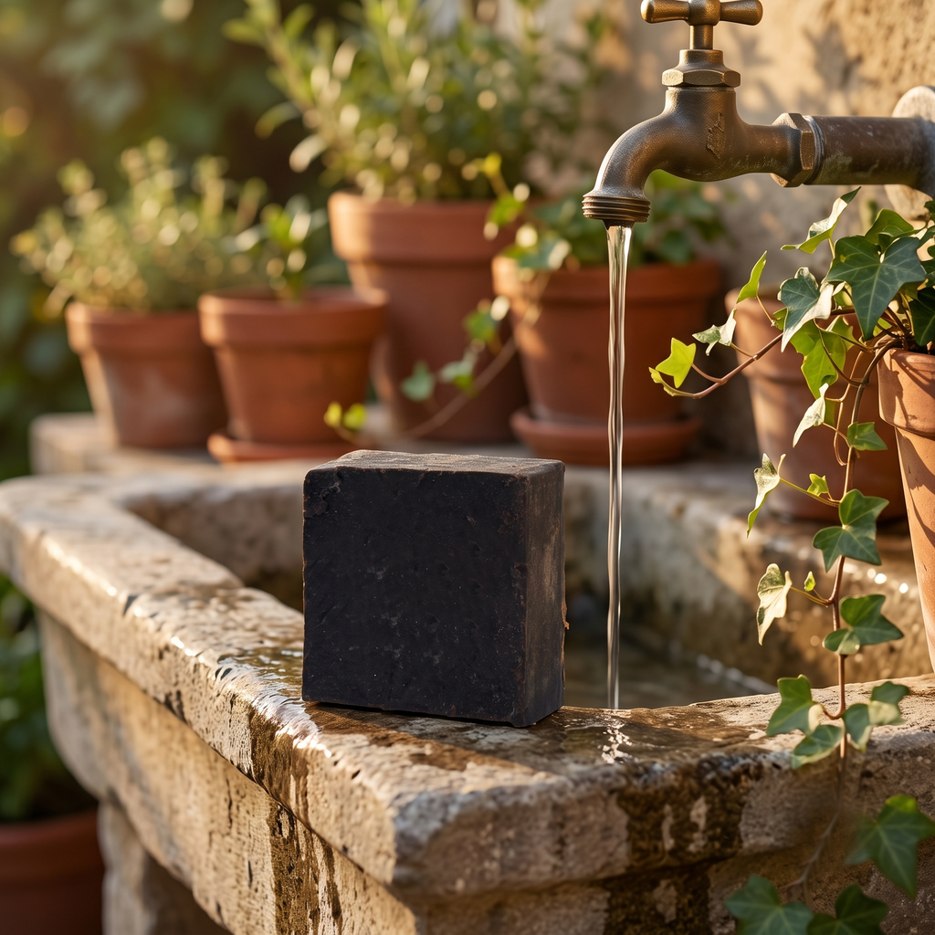 Avlia Pine, Juniper Tar & Sulfur Soap Bar on a rustic stone garden sink — Mediterranean outdoor scene with handmade natural soap