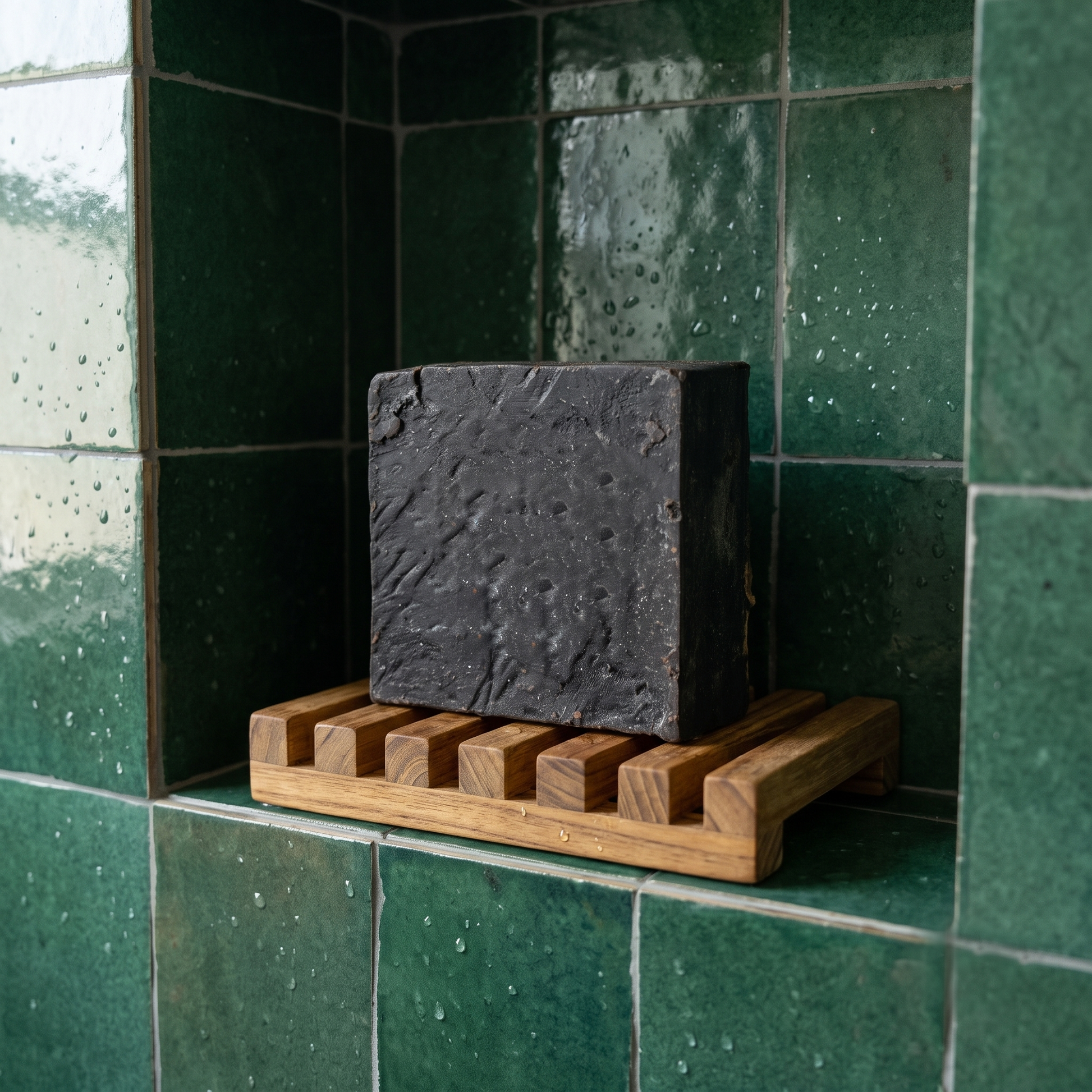 Avlia Pine, Juniper Tar & Sulfur Soap Bar on a wooden dish in a green-tiled shower niche — natural handmade tar soap for daily body care