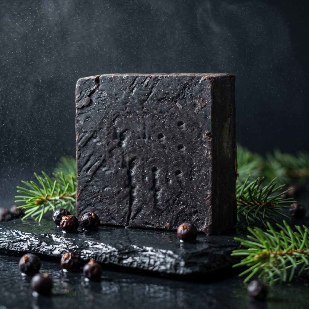 Avlia Pine, Juniper Tar & Sulfur Soap Bar on wet slate with pine sprigs and juniper berries — handmade natural sulfur soap for oily skin
