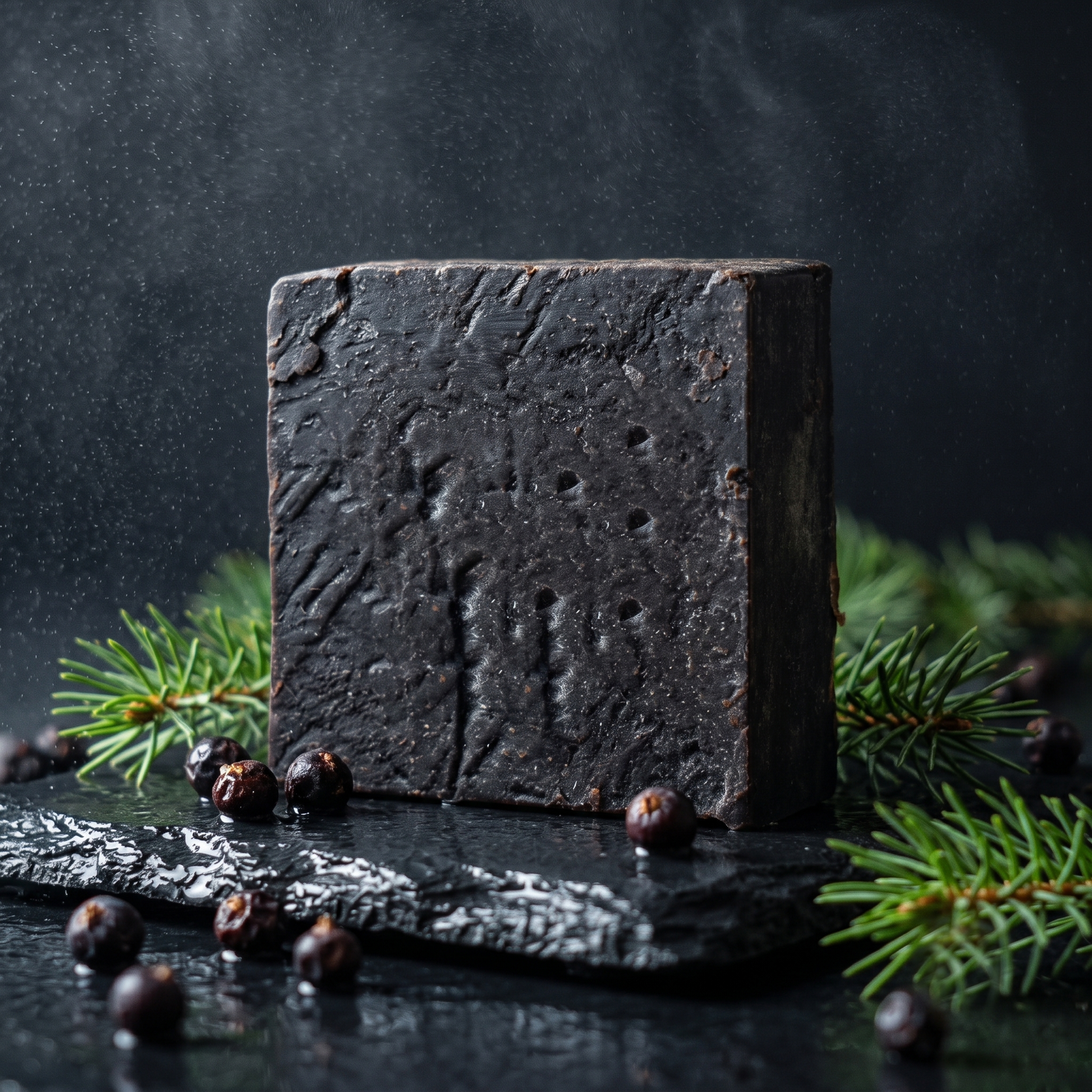 Avlia Pine, Juniper Tar & Sulfur Soap Bar on wet slate with pine sprigs and juniper berries — handmade natural sulfur soap for oily skin