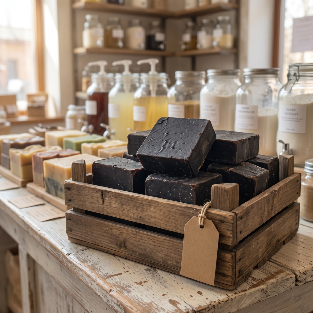 Avlia Pine, Juniper Tar & Sulfur Soap Bars stacked in a wooden crate at a zero-waste refill store — plastic-free package-free soap