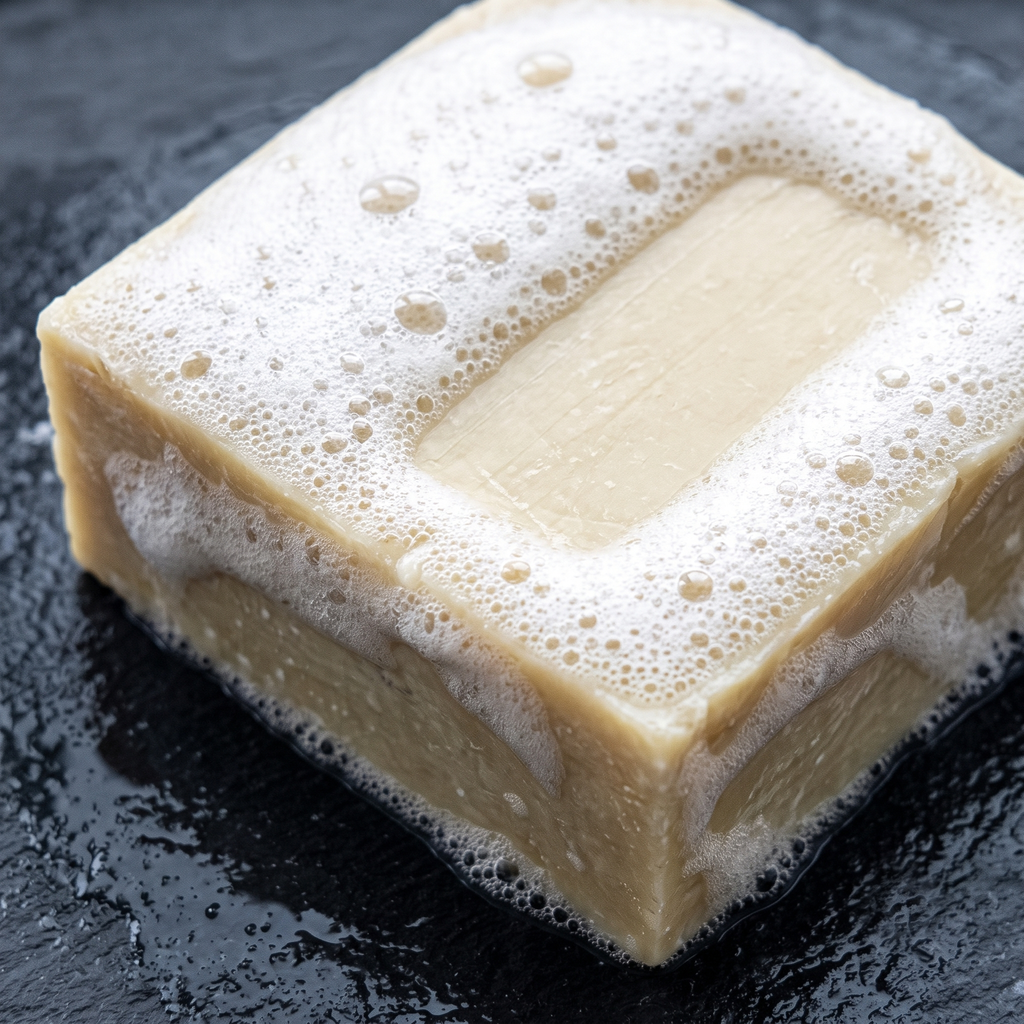 Avlia Turkish Hammam Soap covered in rich creamy lather on wet slate — the dense foam of the natural coconut and olive oil soap