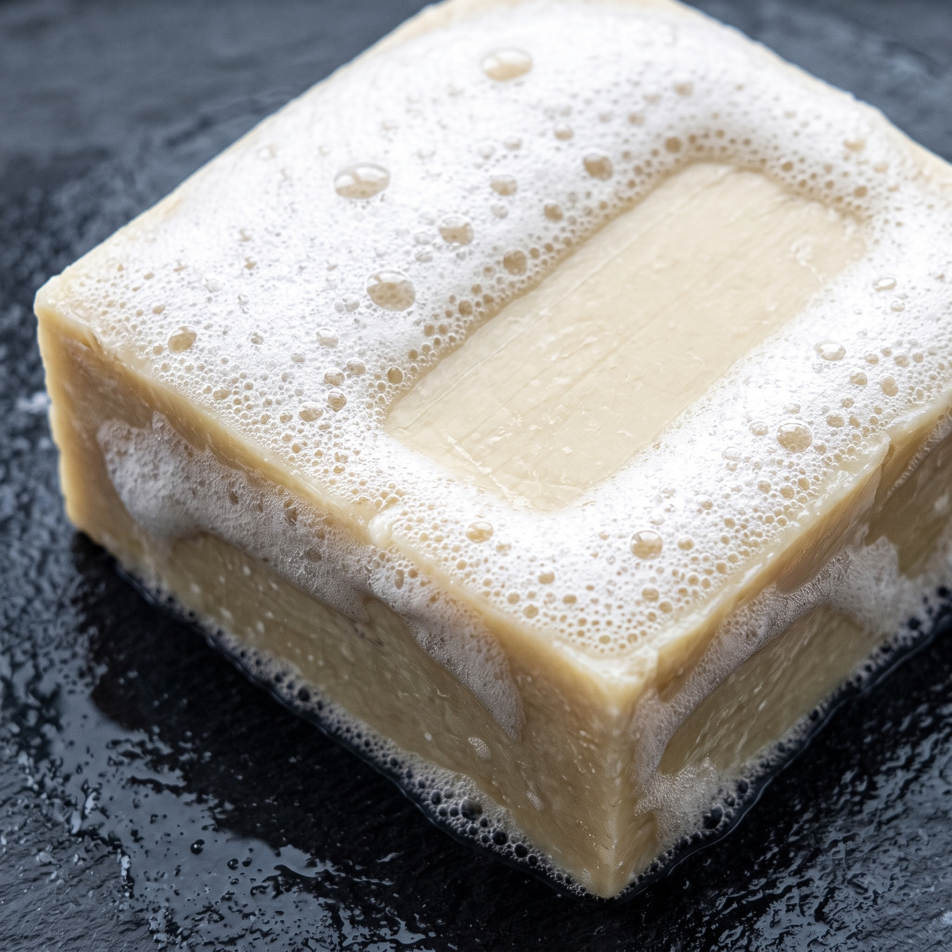 Avlia Turkish Hammam Soap covered in rich creamy lather on wet slate — the dense foam of the natural coconut and olive oil soap