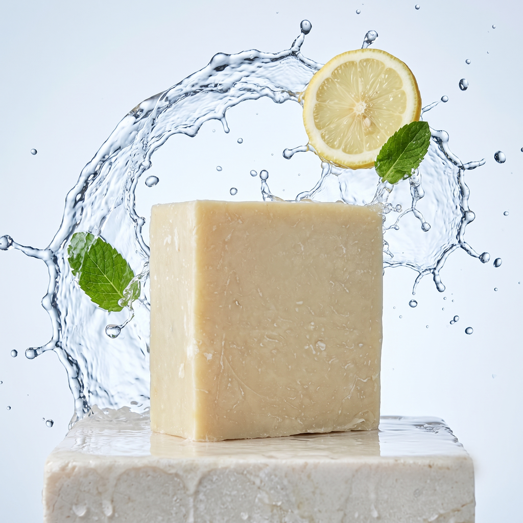 Avlia Turkish Hammam Soap in a frozen splash of clear water with mint and lemon — an ultra fresh cooling summer soap moment