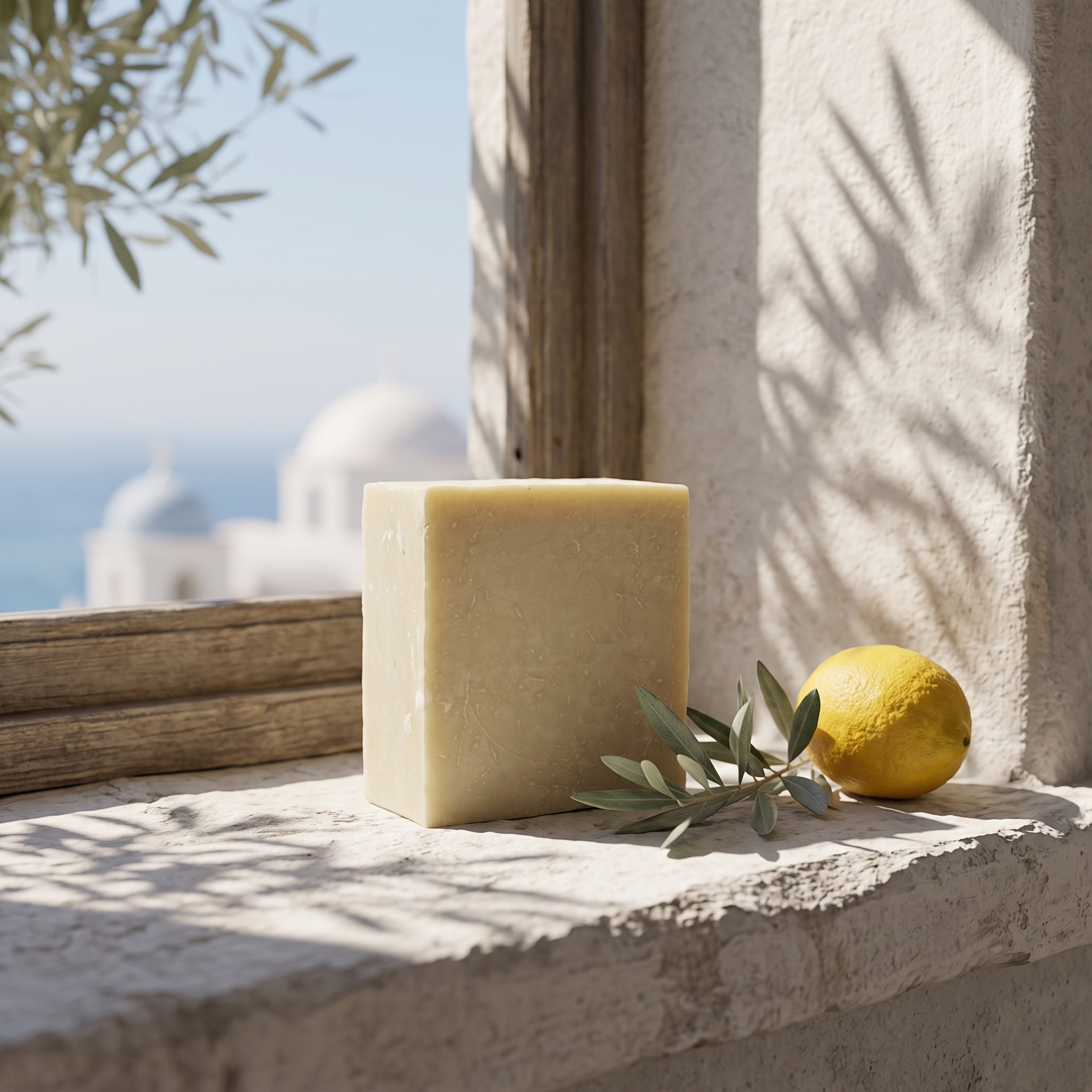 Avlia Turkish Hammam Soap on a Mediterranean stone windowsill with olive branch and lemon — natural olive oil soap from Türkiye