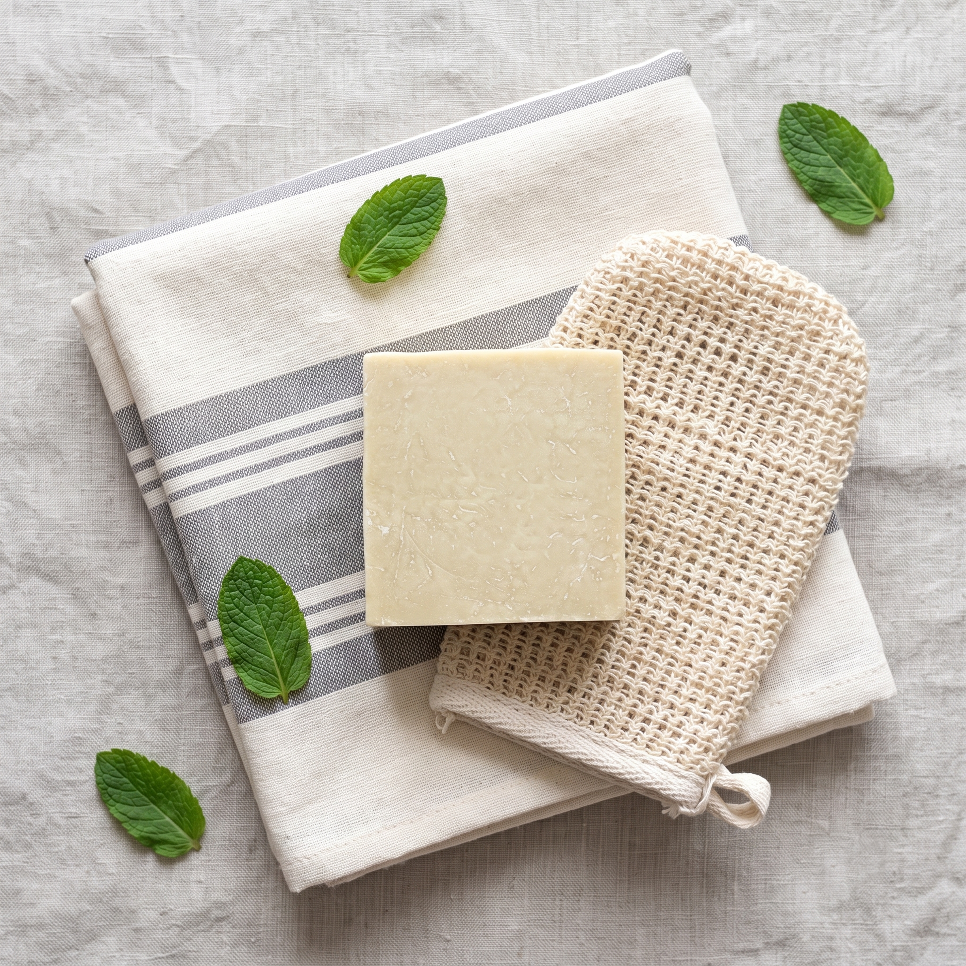 Avlia Turkish Hammam Soap on a striped peshtemal towel with a kese exfoliating mitt — Turkish bath ritual flat lay with mint