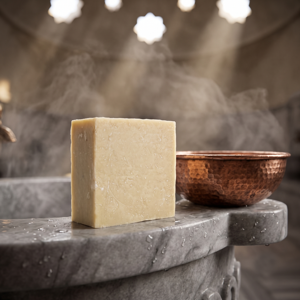 Avlia Turkish Hammam Soap on a wet marble hammam basin beside a copper bowl — authentic olive oil soap with lemon and mint in a Turkish bath