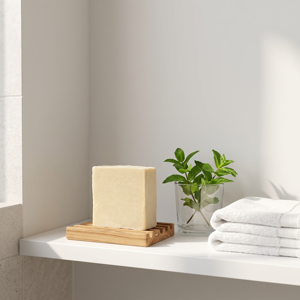Avlia Turkish Hammam Soap on a wooden soap dish in a minimal bathroom — daily natural soap with lemon and mint in morning light