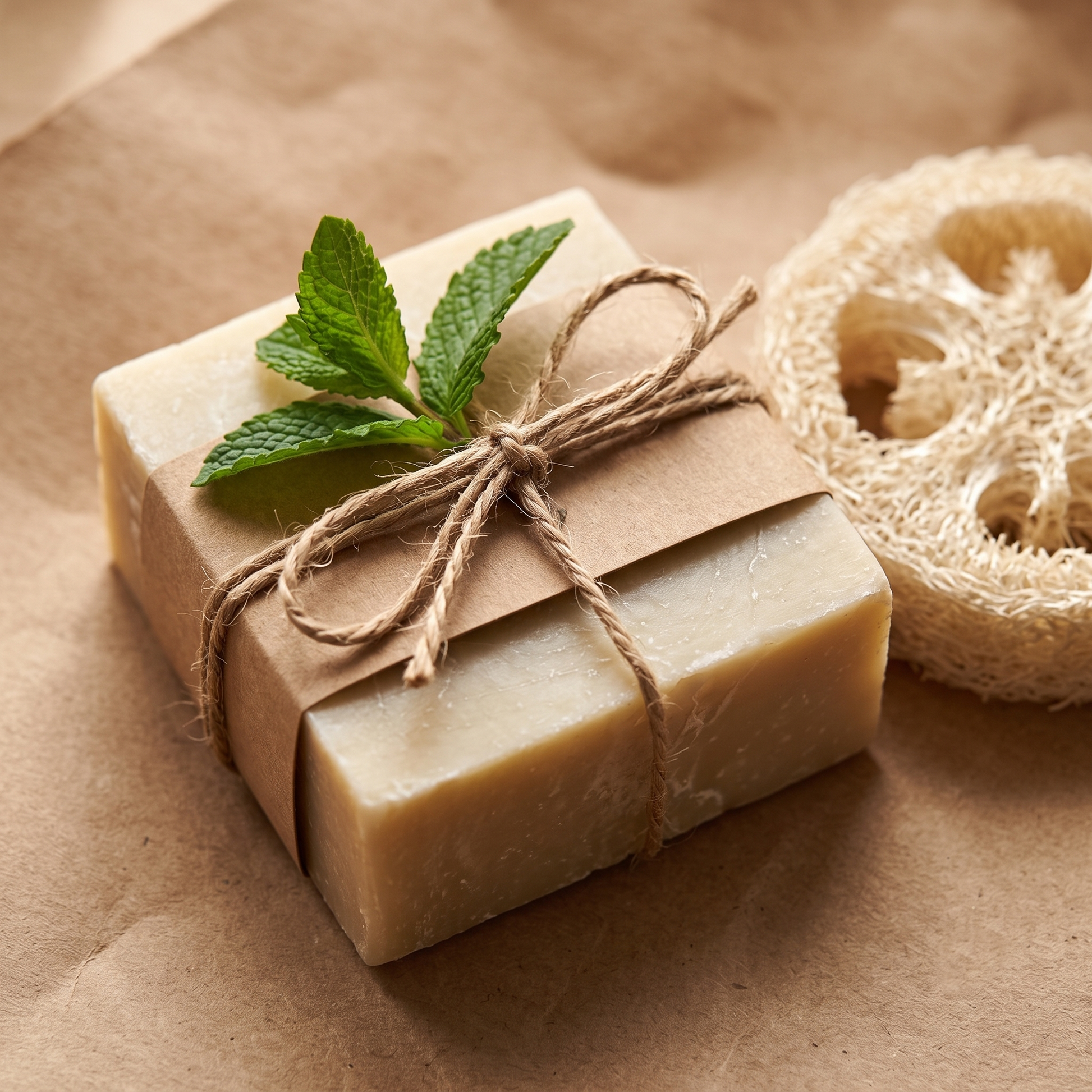 Avlia Turkish Hammam Soap with a kraft belly band and natural loofah pad — plastic-free natural soap gift set styling TR