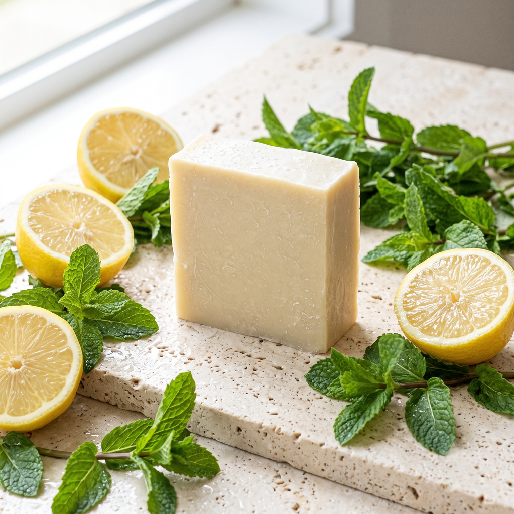 Avlia Turkish Hammam Soap with fresh lemon halves and mint sprigs
