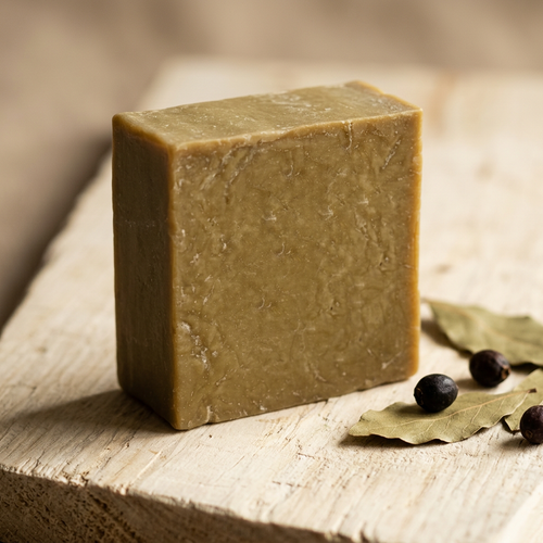 Avlia 100% Laurel Oil Shampoo Bar on raw wood with scattered laurel leaves and berries, soft morning light.