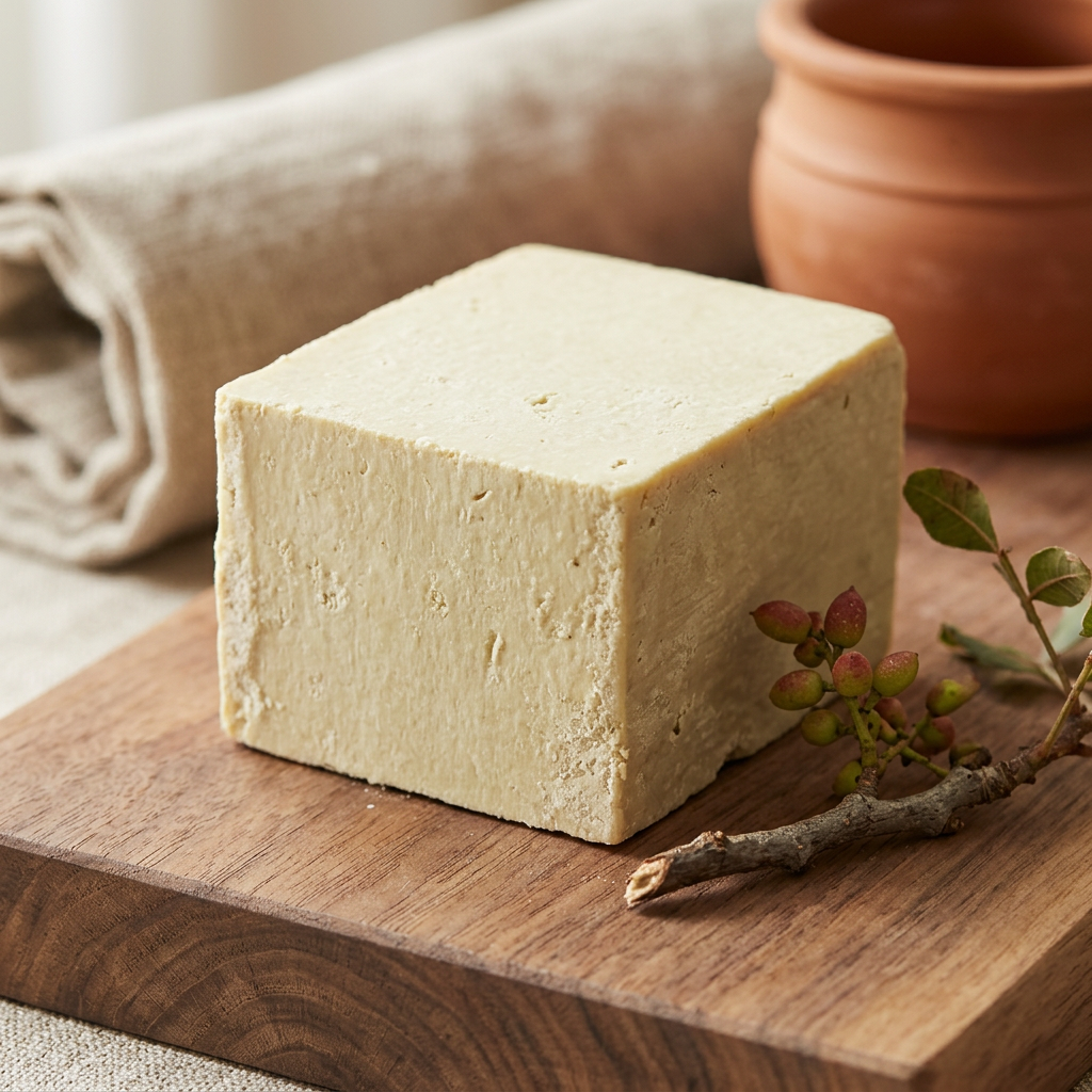 Avlia 100% Wild Pistachio soap block on raw wood with a terebinth branch, soft morning light.