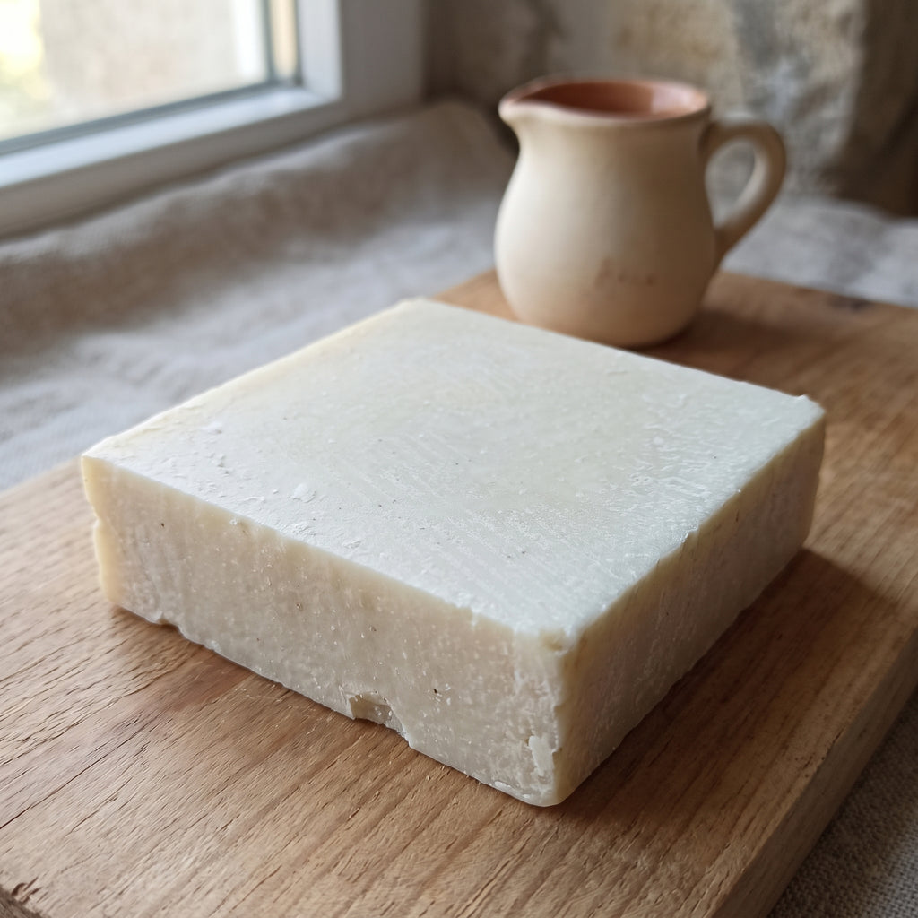Avlia Donkey Milk Soap block on raw wood with a small ceramic milk pitcher, soft morning light.
