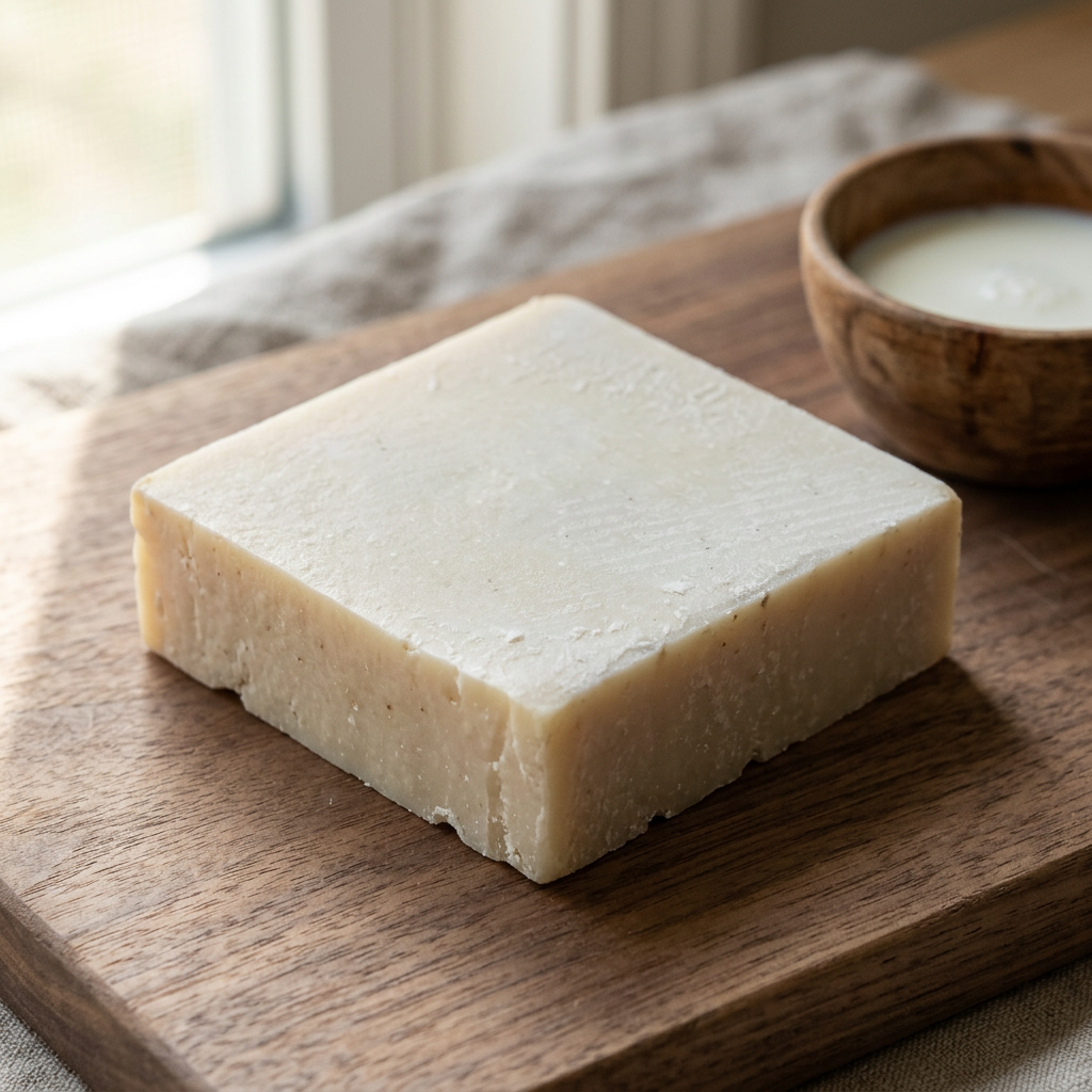 Avlia Goat Milk Soap block on raw wood with a bowl of fresh milk, soft morning light.