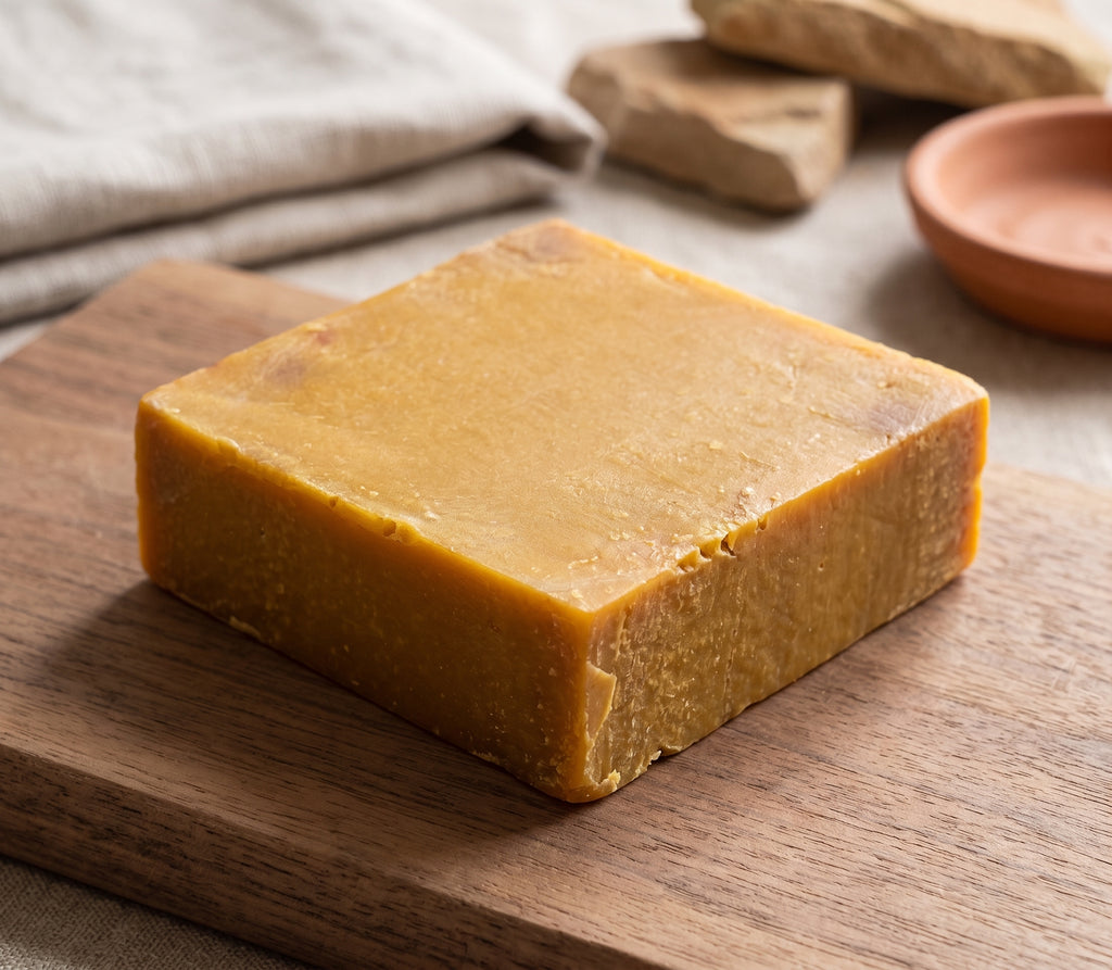 Avlia Pure Sulfur Soap block on raw wood, golden-amber color, soft morning light.