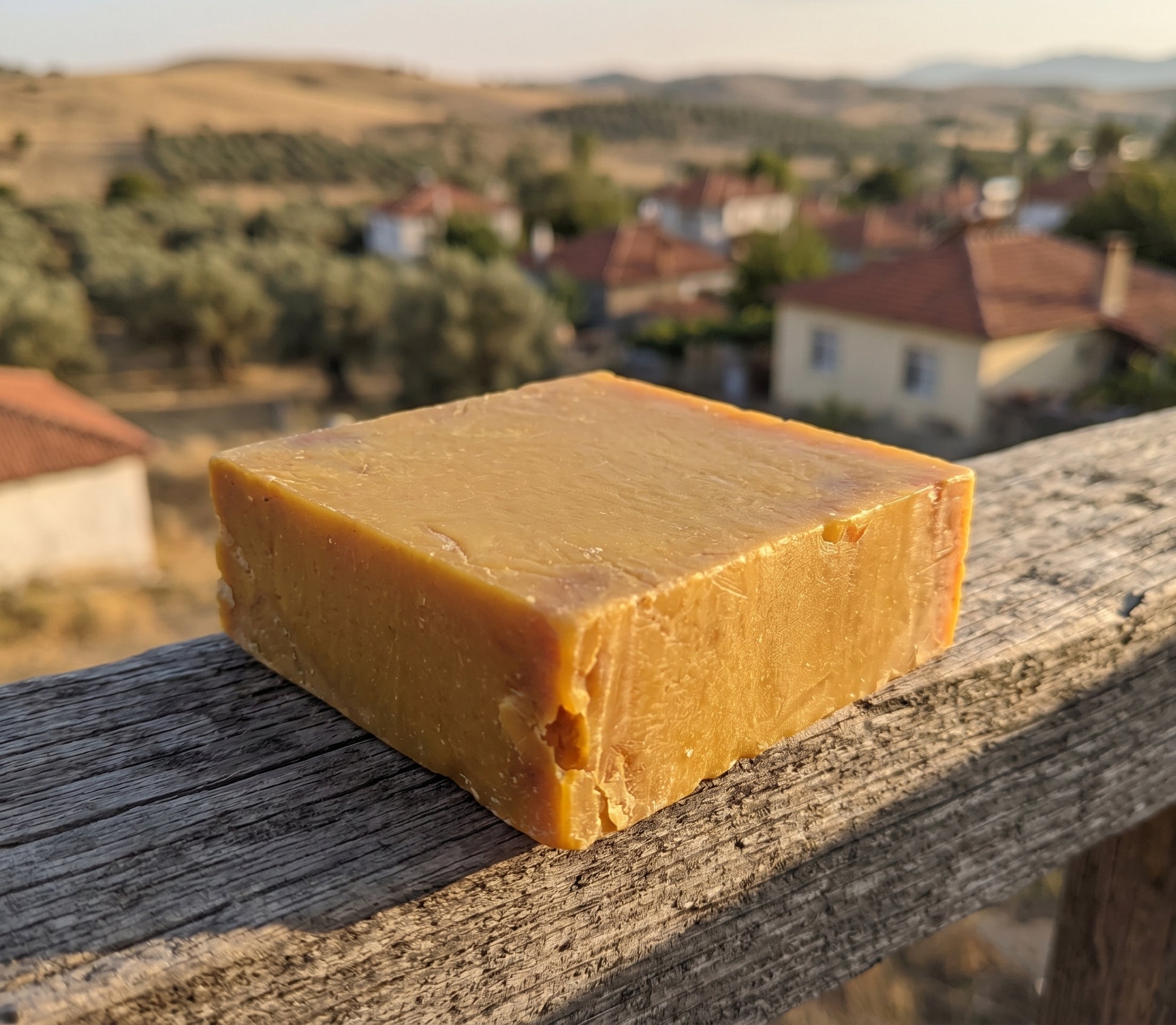 Avlia Pure Sulfur Soap on a rustic fence rail, Anatolian countryside styling.