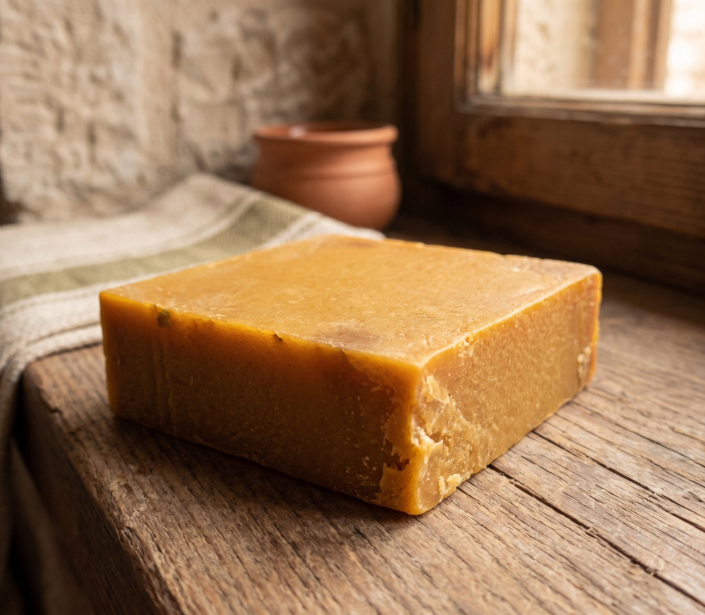 Avlia Pure Sulfur Soap on a traditional Anatolian kitchen windowsill.