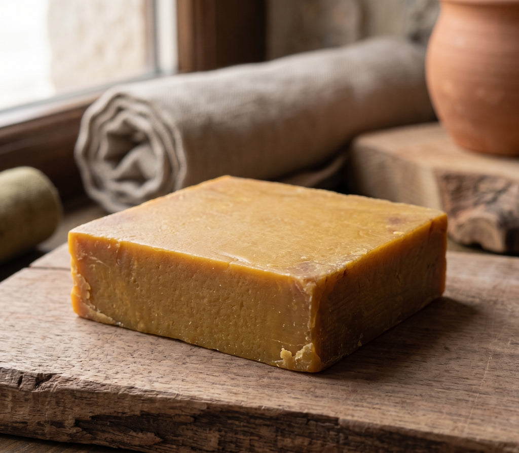 Avlia Pure Sulfur Soap with soft-focus Anatolian countryside in the background, origin story shot.