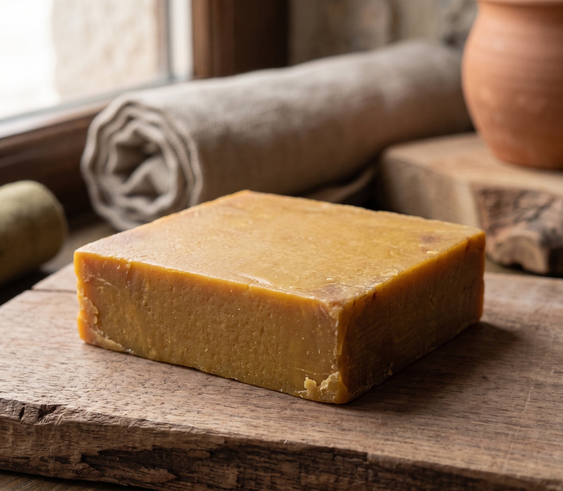 Avlia Pure Sulfur Soap with soft-focus Anatolian countryside in the background, origin story shot.
