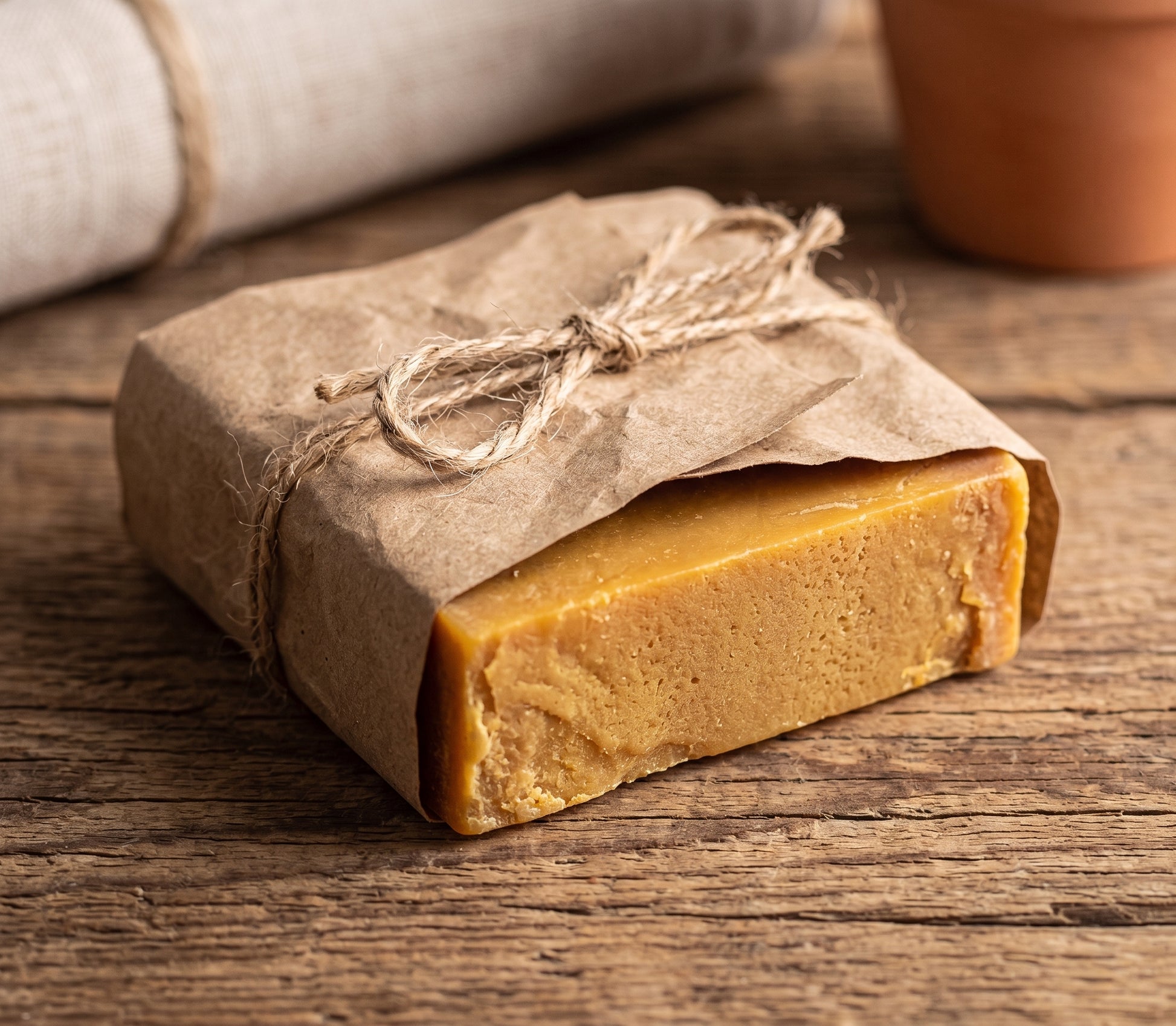 Avlia Pure Sulfur Soap wrapped as a simple kraft-paper gift.