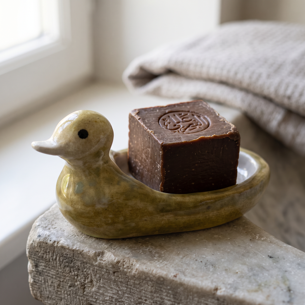 Avlia ceramic duck soap dish in green-mustard glaze on a marble washbasin surround, holding a bar of Aleppo soap in morning light