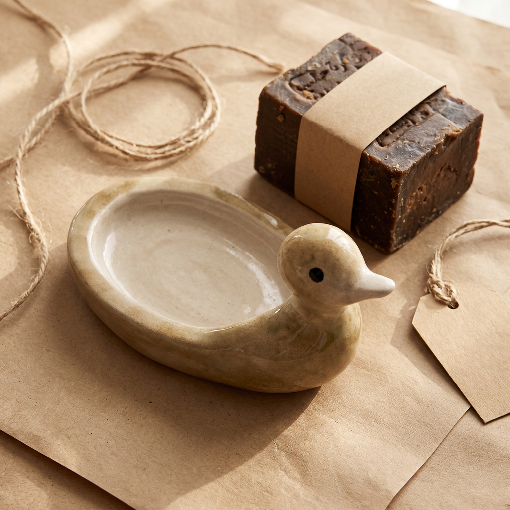 Avlia ceramic duck soap dish in pale cream glaze arranged with a bar of Aleppo soap on kraft paper and jute twine as a gift presentation