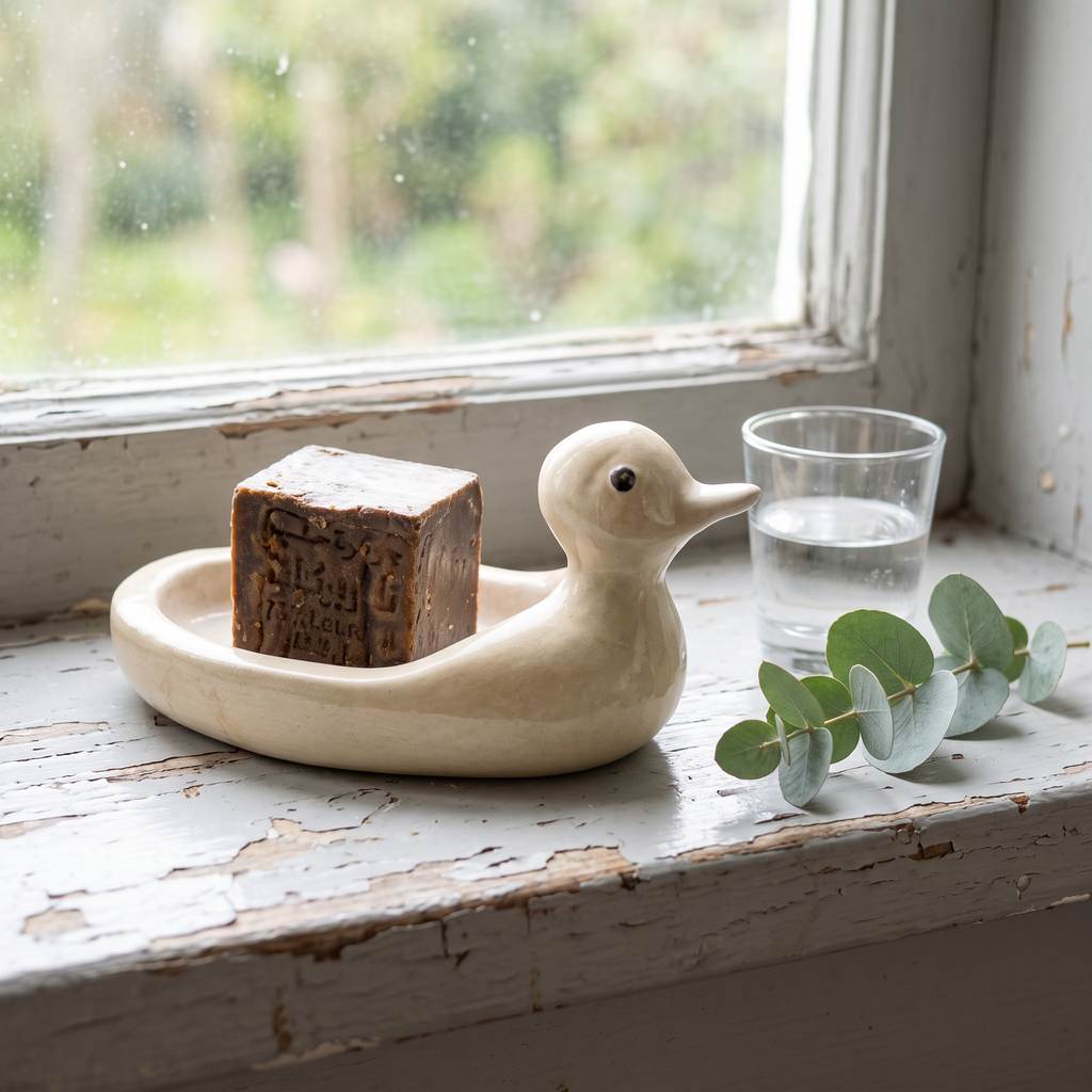 Avlia ceramic duck soap dish in pale cream glaze on a painted windowsill with Aleppo soap, eucalyptus and diffused daylight behind
