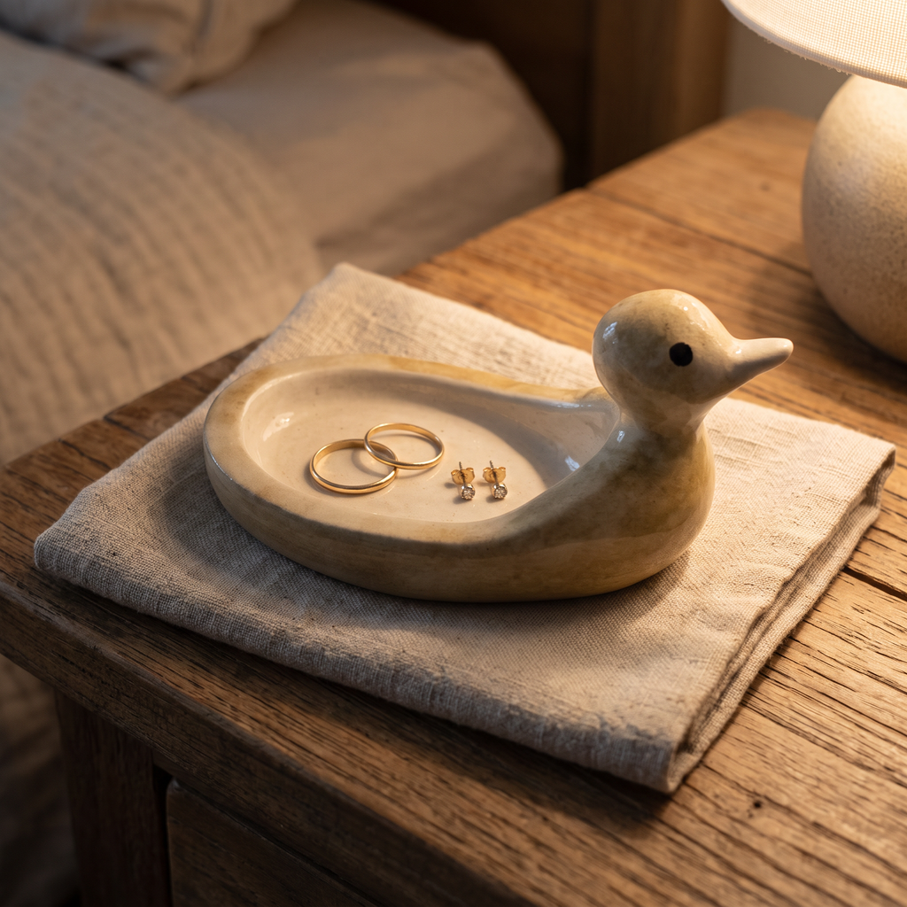 Avlia ceramic duck soap dish in pale cream glaze used as a small jewellery tray, holding two gold rings and stud earrings on a bedside table
