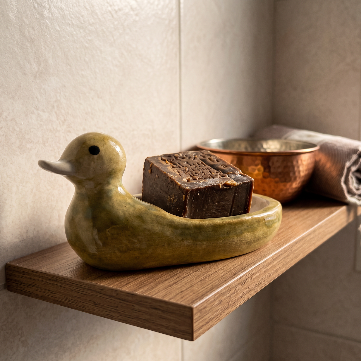 Avlia ceramic duck soap dish on a wooden bathroom shelf with a copper bowl and rolled peshtemal towel, soap resting in the hollowed back
