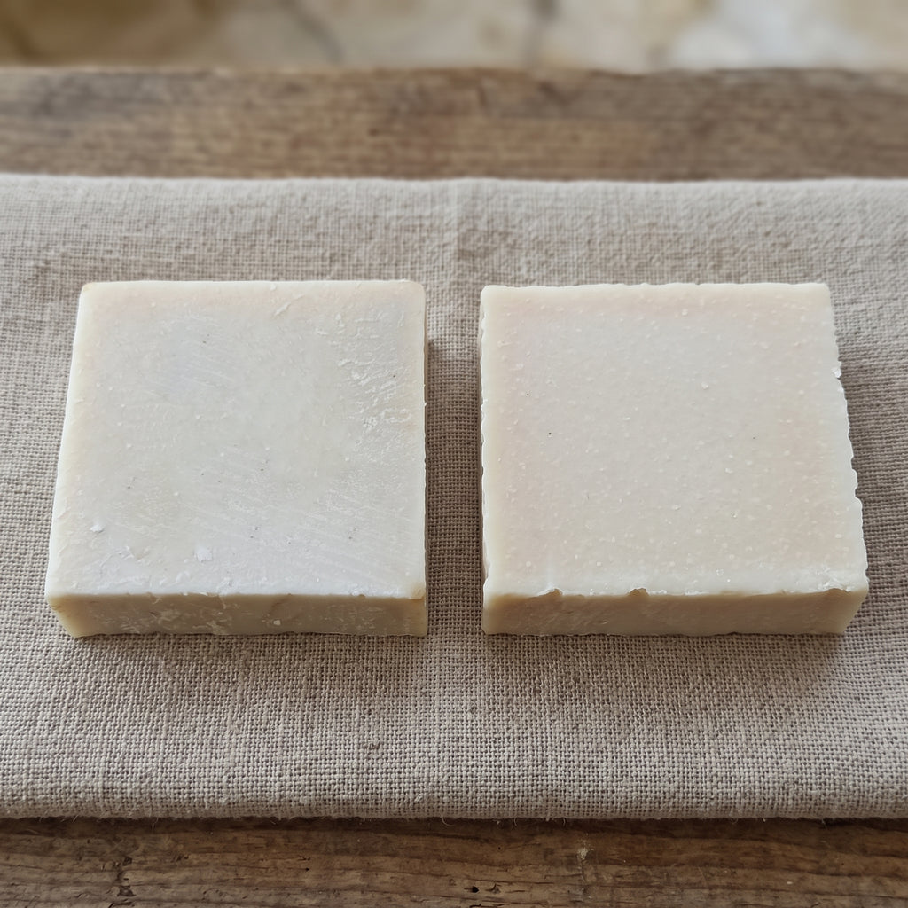 Avlia donkey milk soap beside the goat milk soap, showing the two milk-soap traditions.