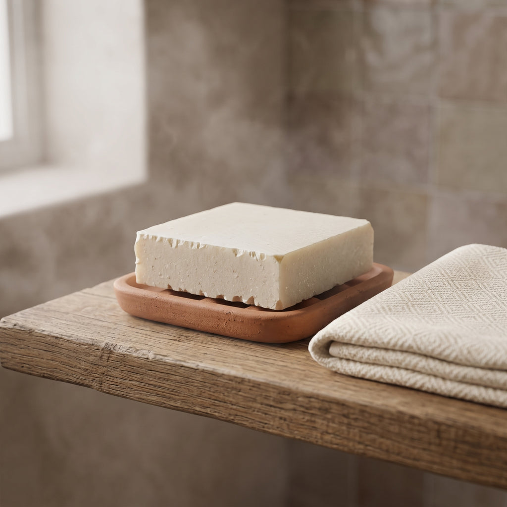 Avlia donkey milk soap on a ceramic dish beside a folded peshtemal towel, bathroom shelf styling.