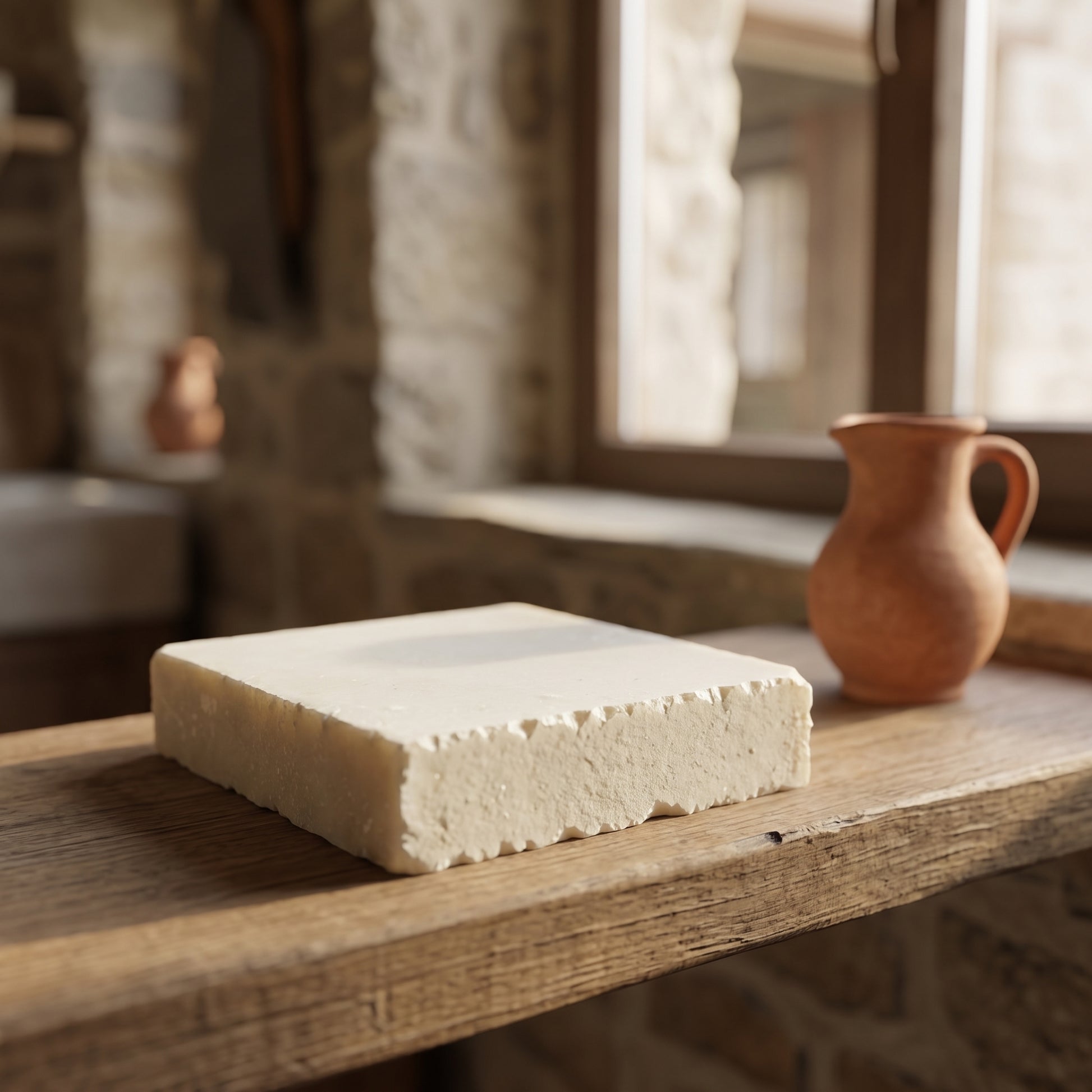 Avlia donkey milk soap on a traditional Anatolian kitchen windowsill.
