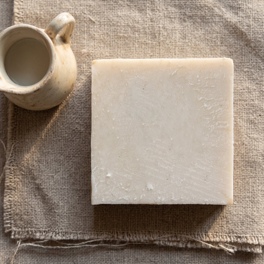 Avlia donkey milk soap with a small ceramic milk jug on linen, ingredient story flatlay.