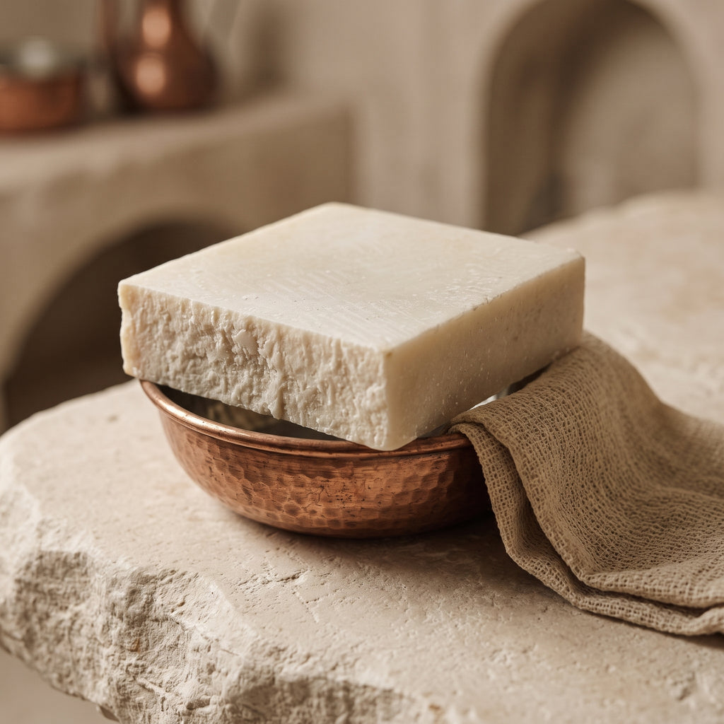 Avlia donkey milk soap with copper hammam bowl and kese mitt, traditional bath styling.