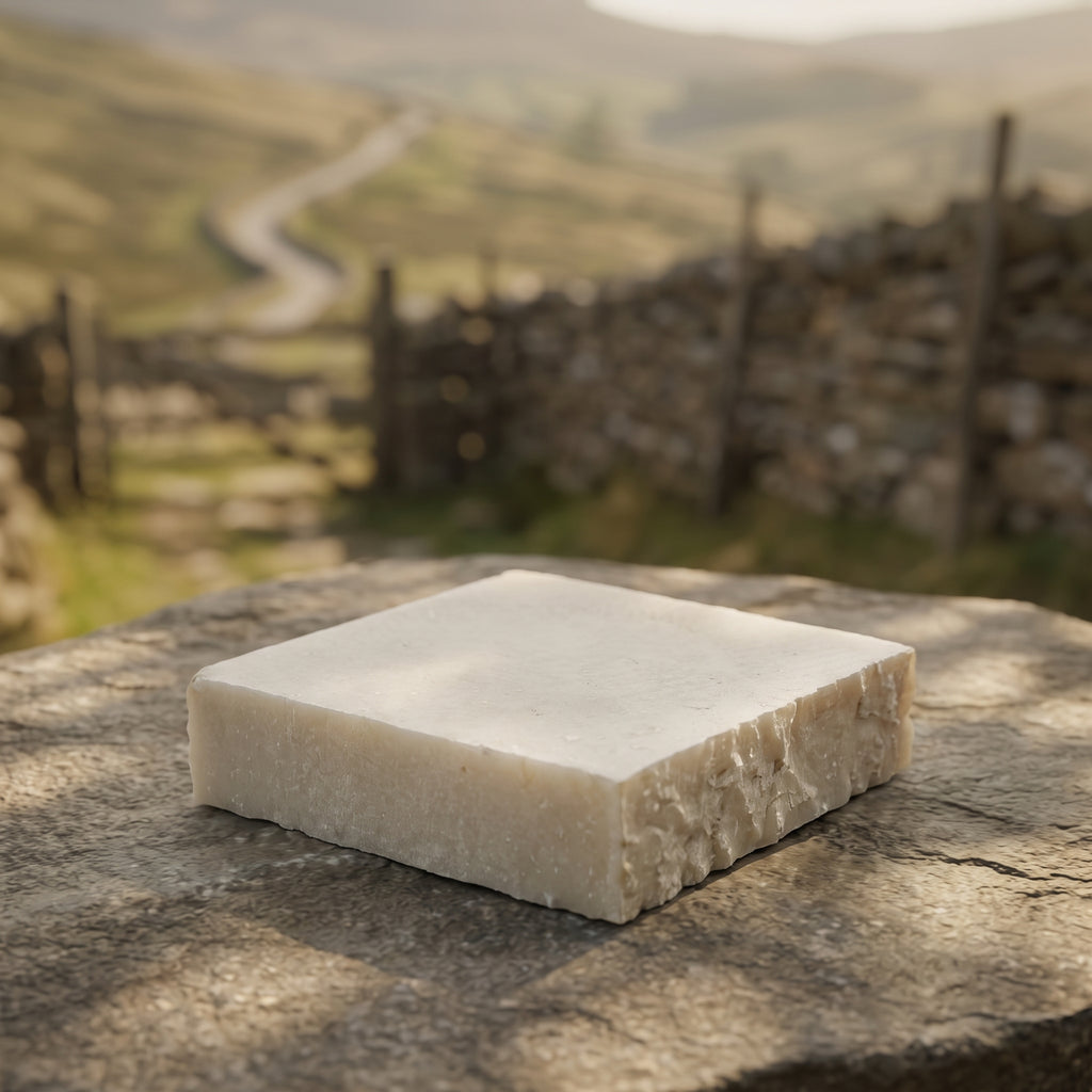 Avlia donkey milk soap with soft-focus Anatolian countryside in the background, origin story shot.