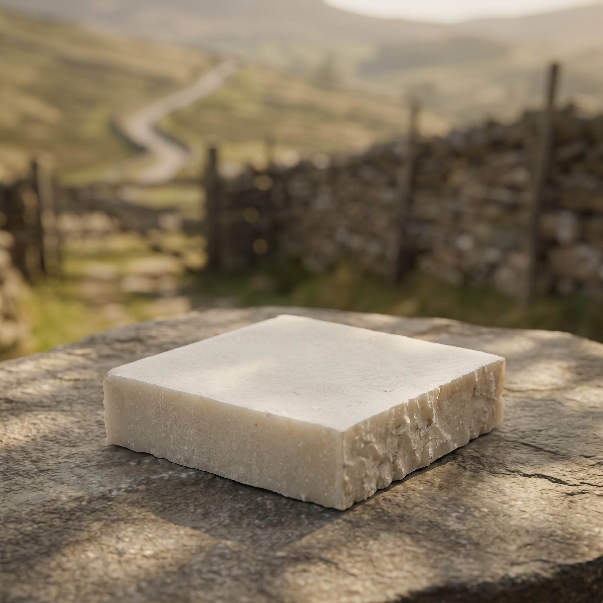 Avlia donkey milk soap with soft-focus Anatolian countryside in the background, origin story shot.