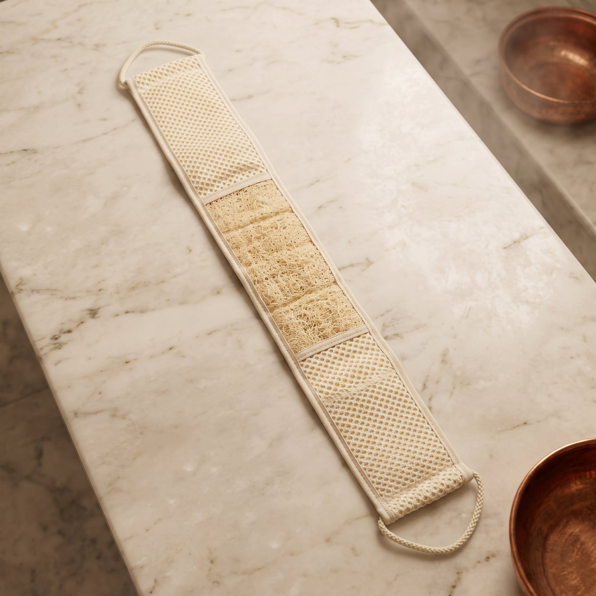 Avlia extra long loofah back strap laid beside a traditional Turkish kese mitt on pale marble, showing the two are different bath tools