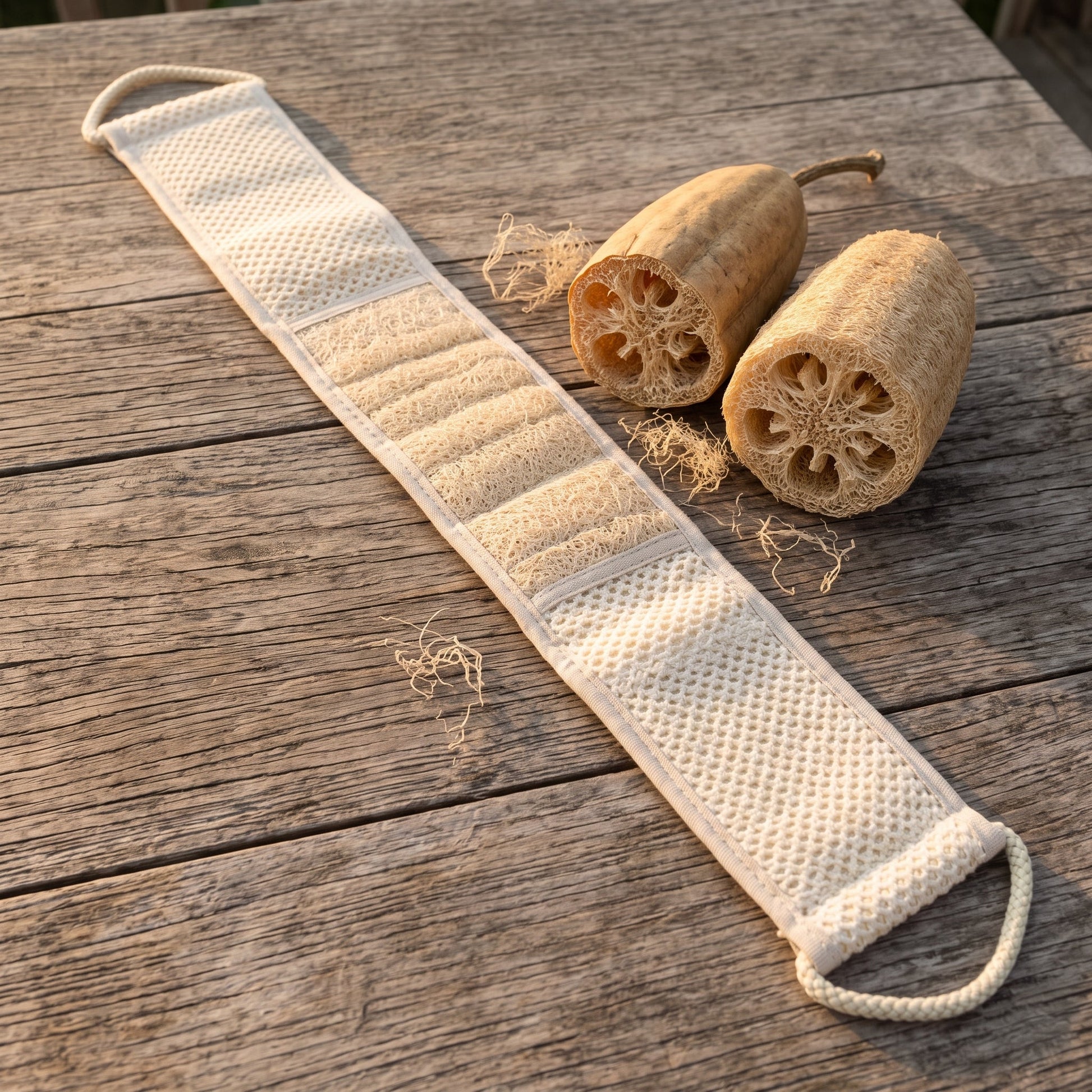 Avlia extra long loofah back strap on a wooden table beside whole and cut-open dried loofah gourds, showing the raw plant fibre in its centre panel