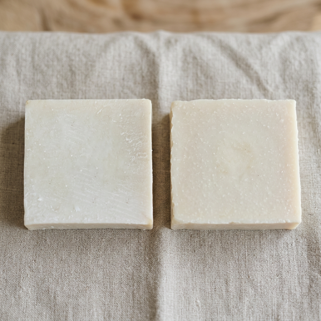 Avlia goat milk soap beside the donkey milk soap, showing the two milk-soap traditions.
