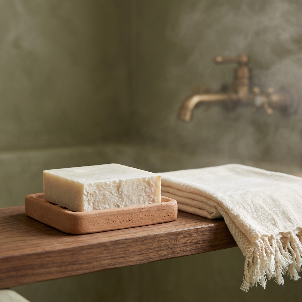 Avlia goat milk soap on a ceramic dish beside a folded peshtemal towel, bathroom shelf styling.