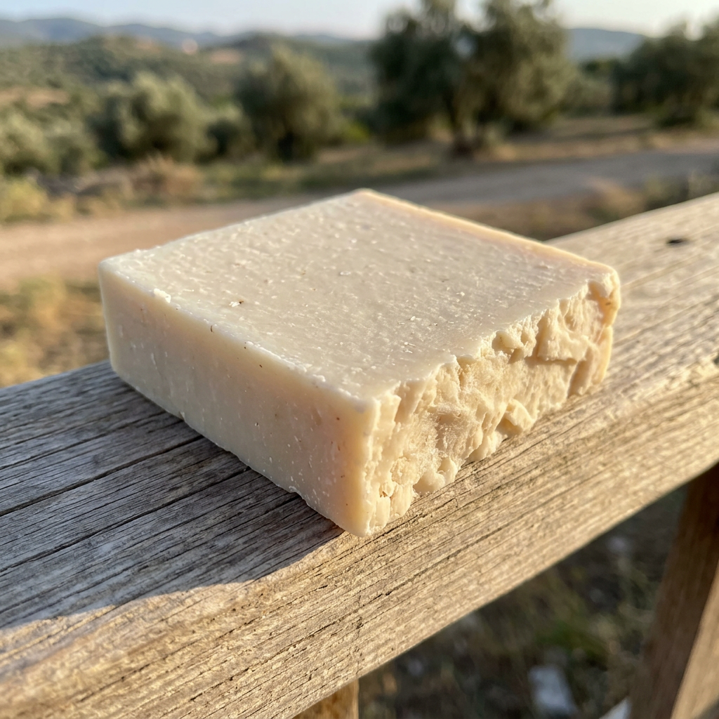 Avlia goat milk soap on a rustic fence rail, Anatolian countryside styling.
