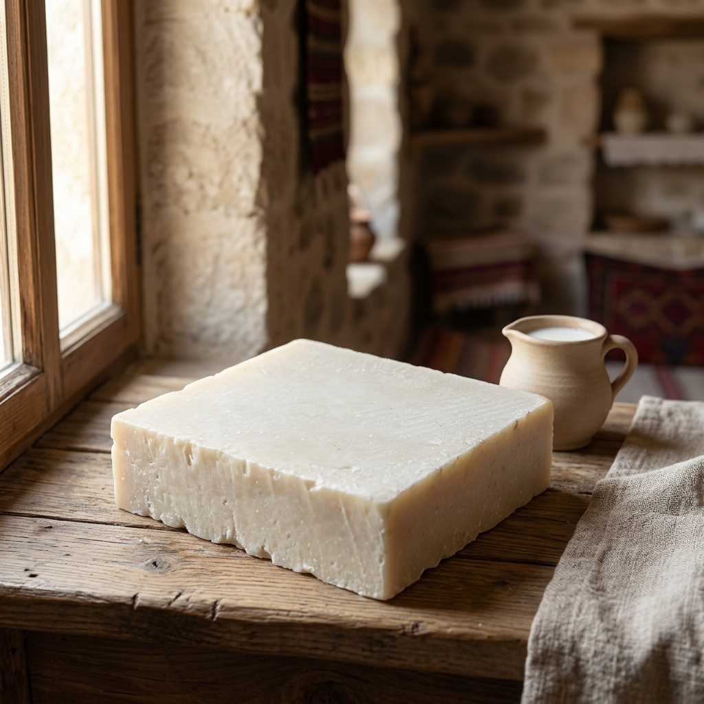 Avlia goat milk soap on a traditional Anatolian kitchen windowsill.