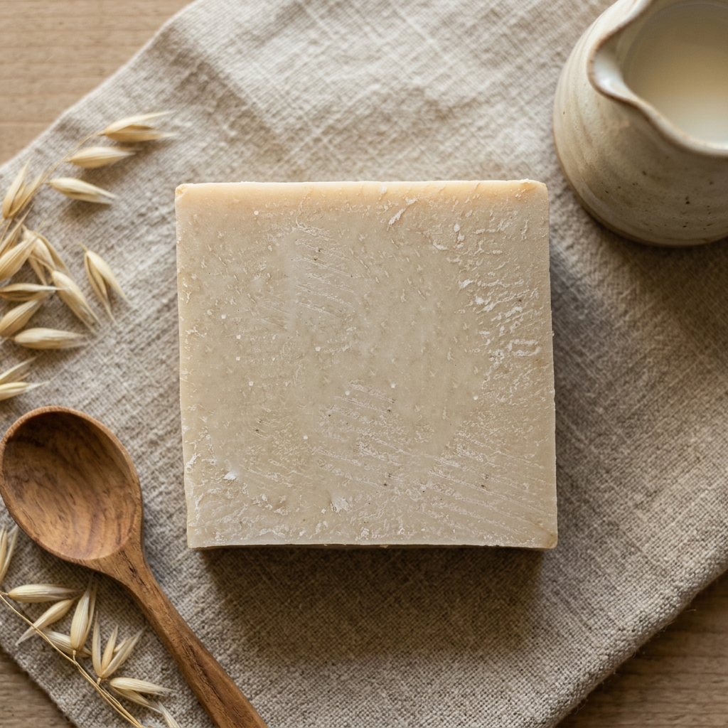 Avlia goat milk soap with a rustic milk jug on linen, ingredient story flatlay.