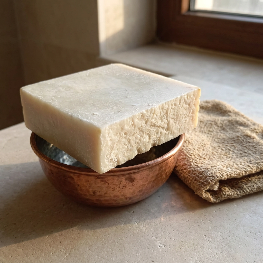 Avlia goat milk soap with copper hammam bowl and kese mitt, traditional bath styling.