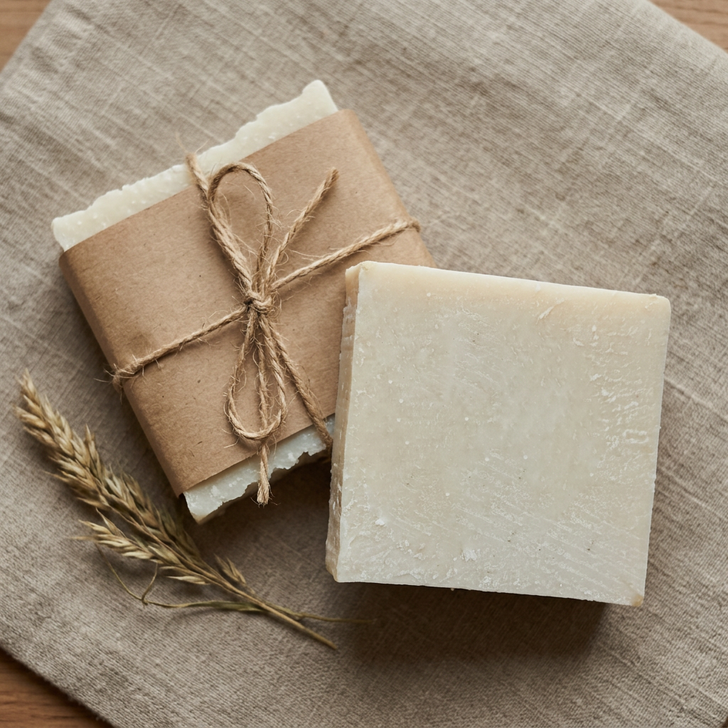 Avlia goat milk soap with plain kraft wrap and jute twine, minimal packaging flatlay.