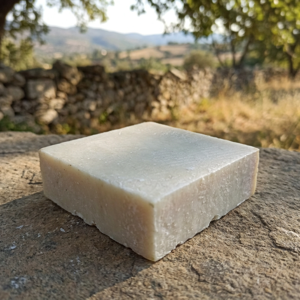 Avlia goat milk soap with soft-focus Anatolian countryside in the background, origin story shot.
