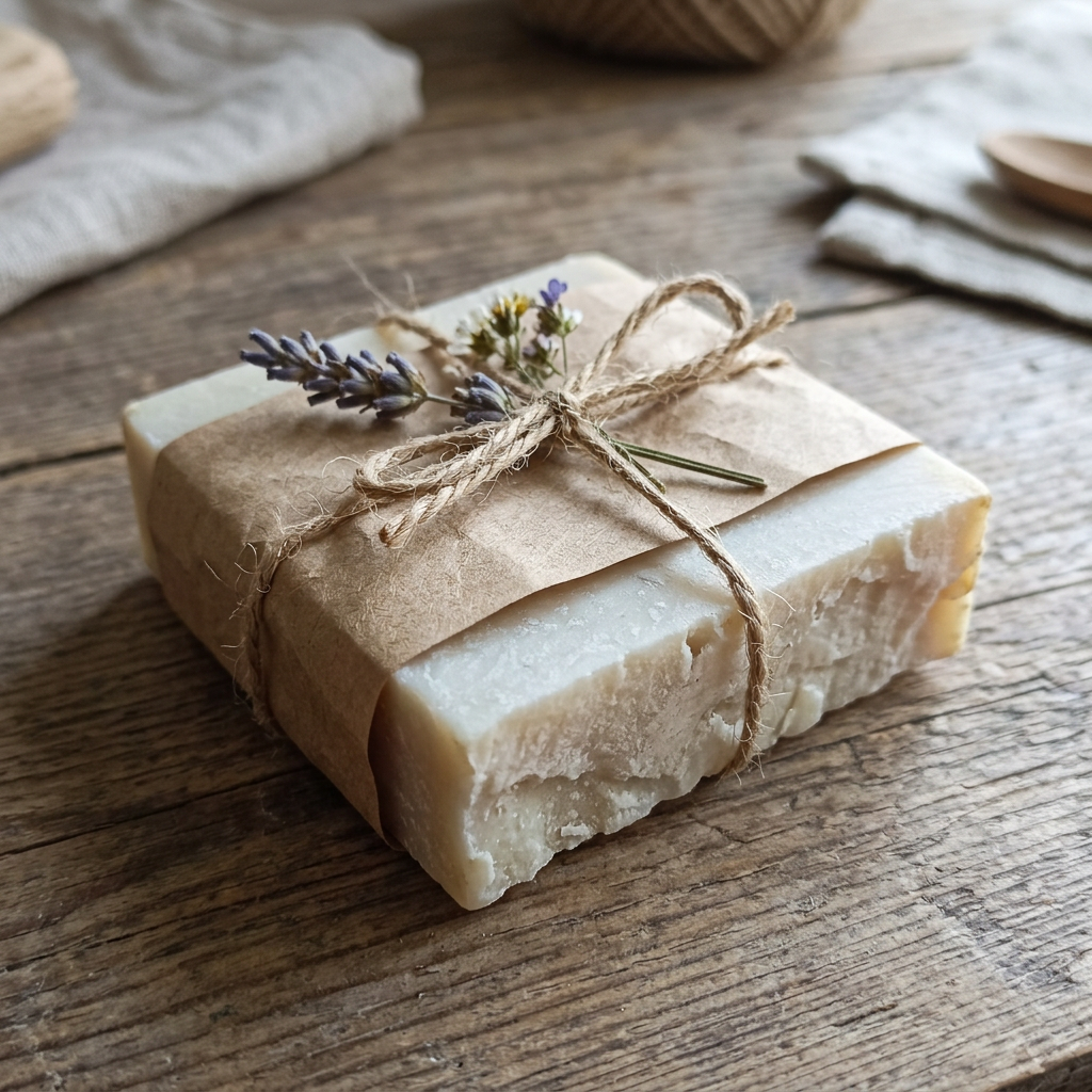Avlia goat milk soap wrapped as a simple kraft-paper gift.